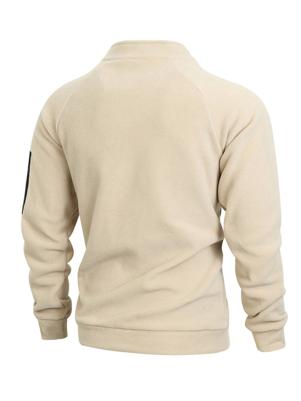 Men’s casual stand collar long sleeve pullover coral fleece jacket