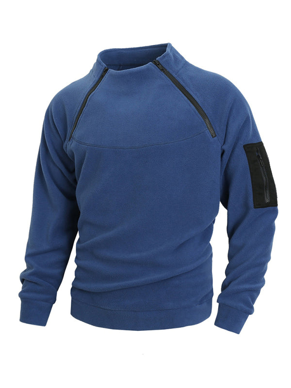 Men’s casual stand collar long sleeve pullover coral fleece jacket - Blue / S