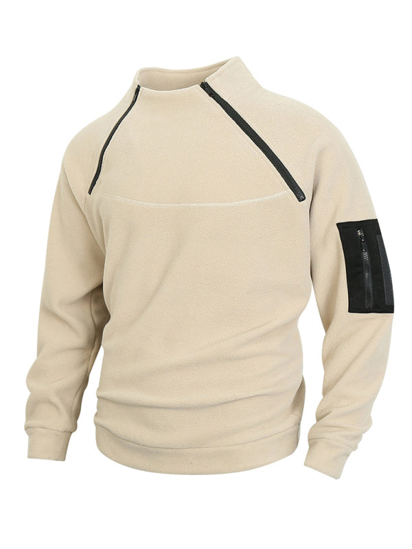 Men’s casual stand collar long sleeve pullover coral fleece jacket - Cream / S