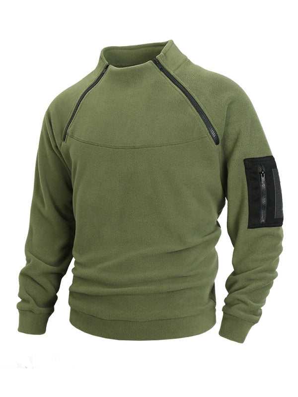 Men’s casual stand collar long sleeve pullover coral fleece jacket - Olive green / S