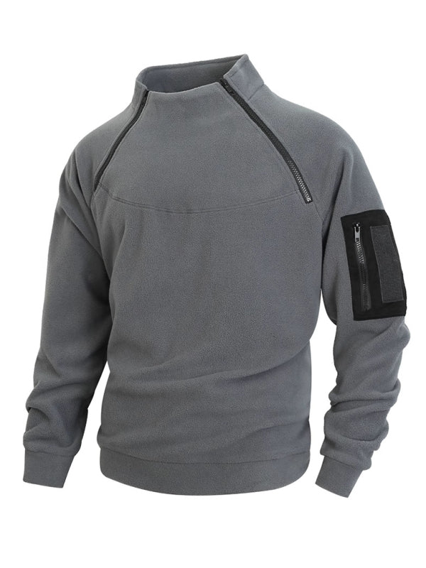 Men’s casual stand collar long sleeve pullover coral fleece jacket - Charcoal grey / S