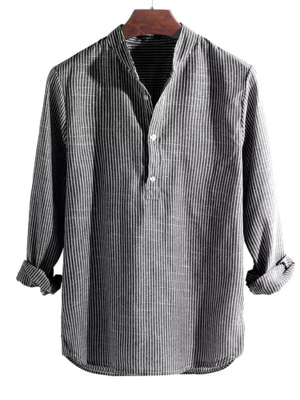 Men’s Casual Striped Cotton Linen Comfortable Breathable Shirt - Black / S