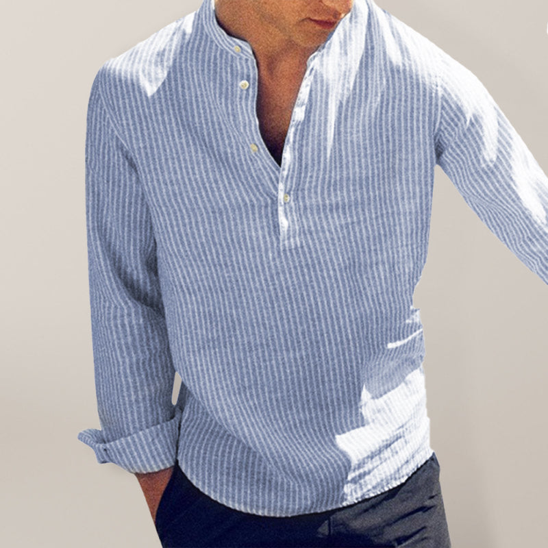 Men’s Casual Striped Cotton Linen Comfortable Breathable Shirt - Blue / S
