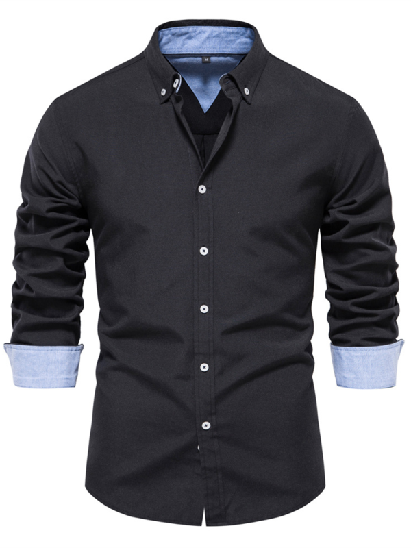 Men’s casual versatile fashion solid color long-sleeved top - Black / S