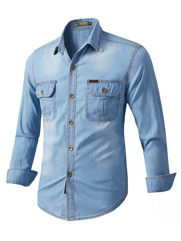 Men’s casual workwear long-sleeved denim shirt - Clear blue / M