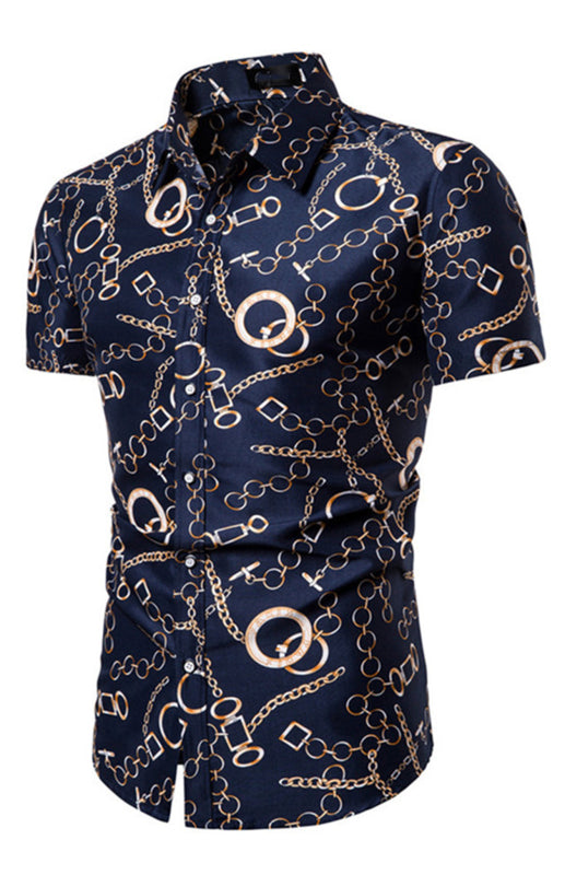 Men’s Chain Print Casual Polyester Shirt - Blue / M