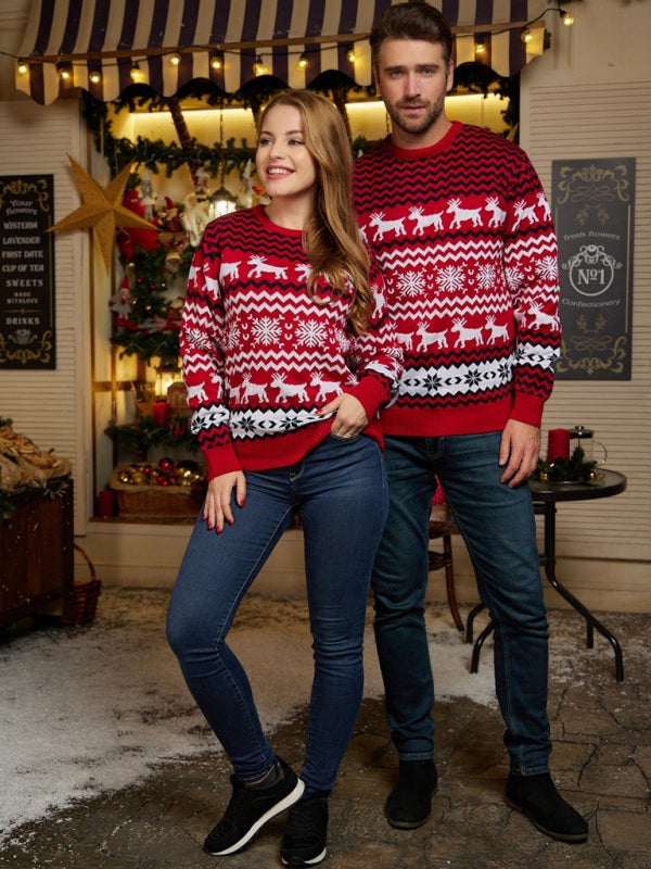 Men’s Christmas Crew Neck Elk Jacquard Long Sleeve Sweater