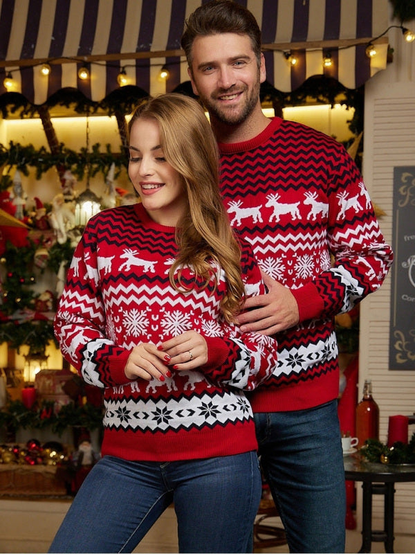 Men’s Christmas Crew Neck Elk Jacquard Long Sleeve Sweater