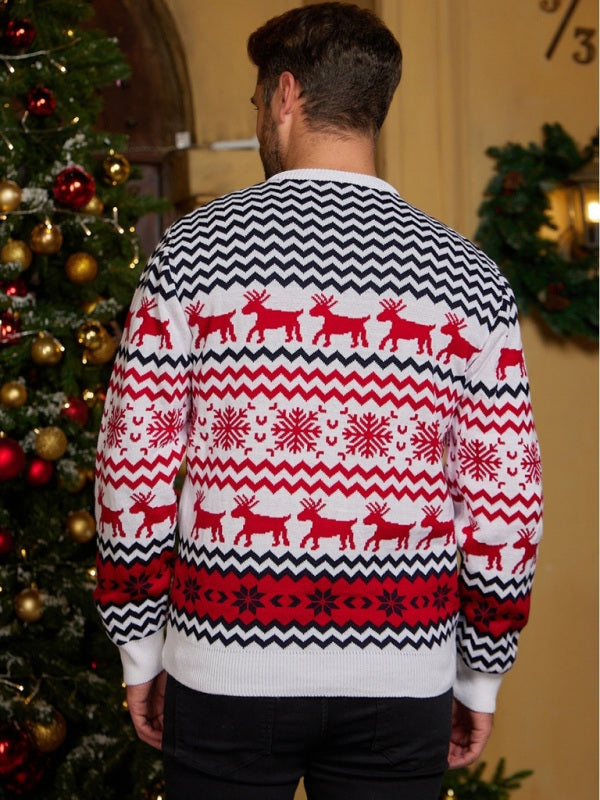 Men’s Christmas Crew Neck Elk Jacquard Long Sleeve Sweater