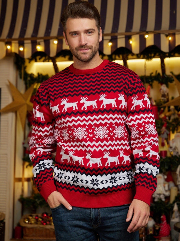 Men’s Christmas Crew Neck Elk Jacquard Long Sleeve Sweater - Red / S