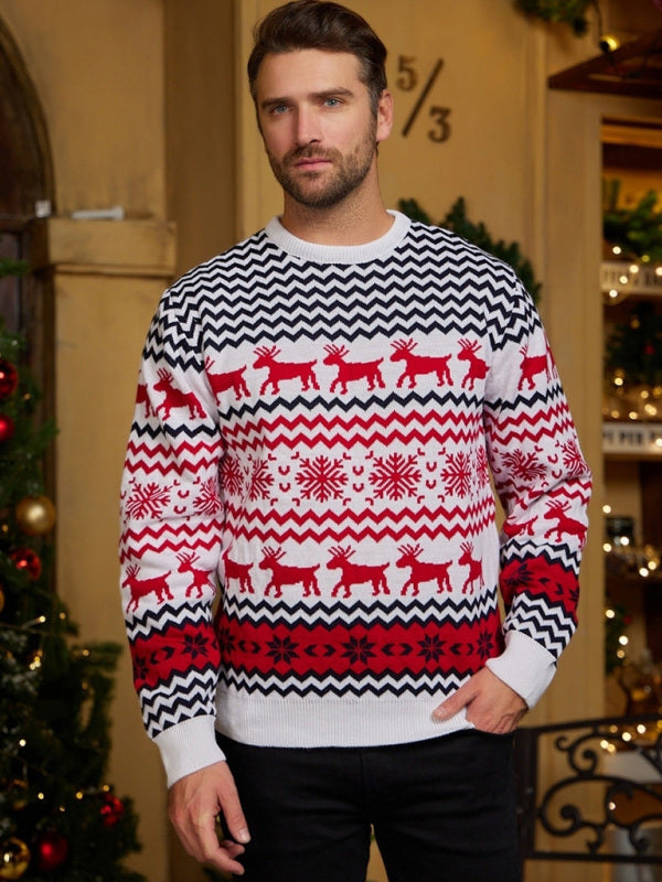 Men’s Christmas Crew Neck Elk Jacquard Long Sleeve Sweater - White / S