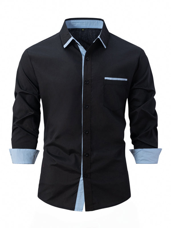 Men’s Color Block Business Slim Casual Shirt Long Sleeve Shirt - Black / S