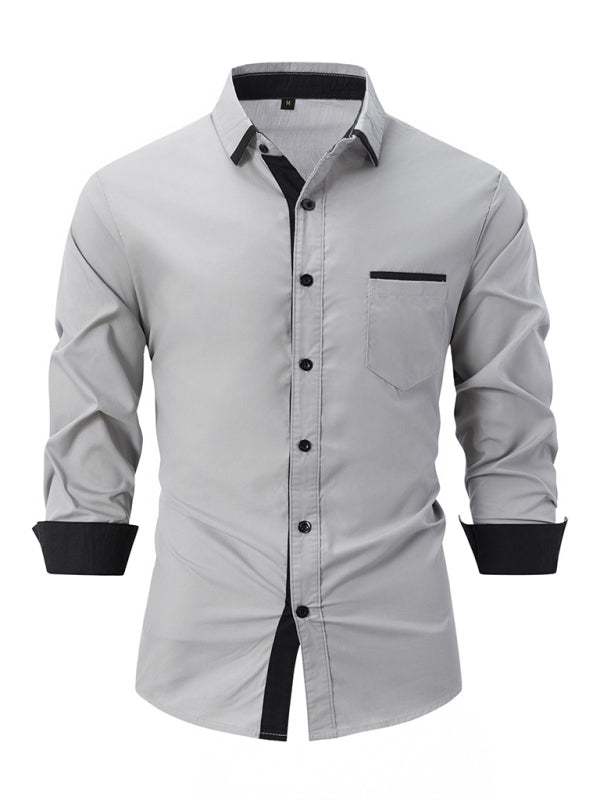 Men’s Color Block Business Slim Casual Shirt Long Sleeve Shirt - Grey / S