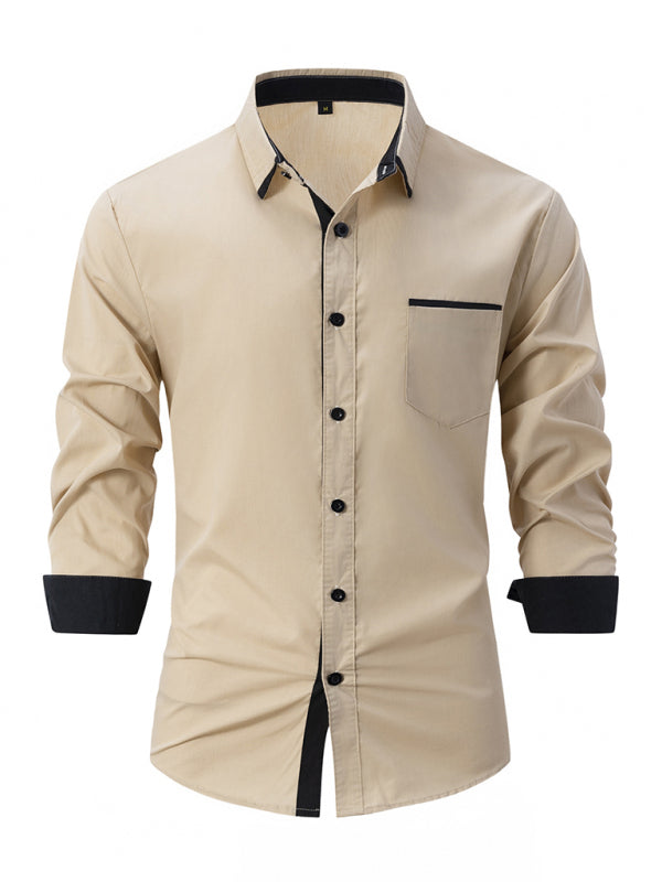 Men’s Color Block Business Slim Casual Shirt Long Sleeve Shirt - Khaki / S