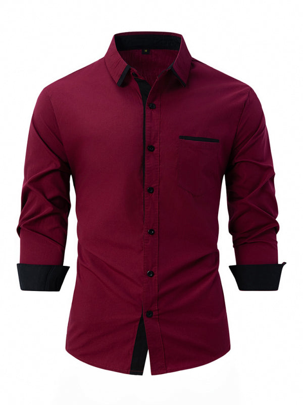 Men’s Color Block Business Slim Casual Shirt Long Sleeve Shirt - Wine Red / S