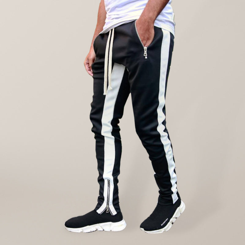 Men’s color-block casual double-pocket multi-zipper sportspants - Black / M