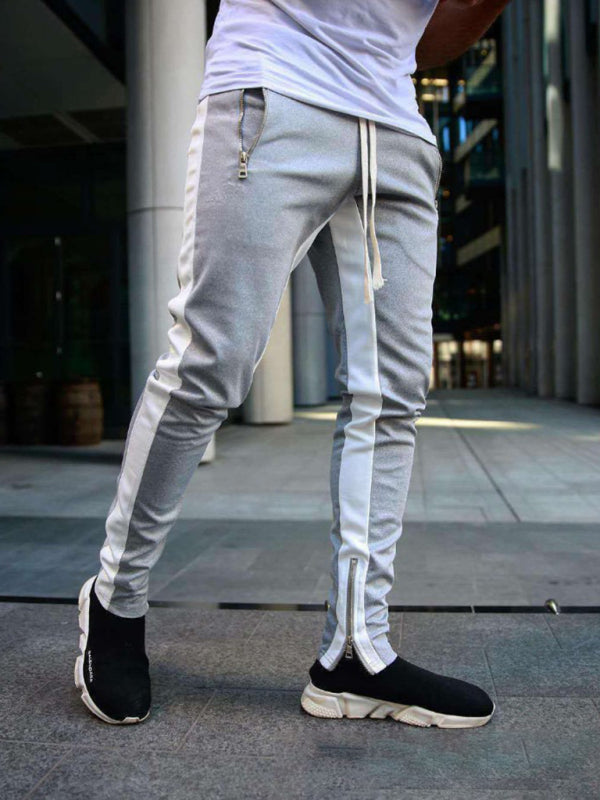 Men’s color-block casual double-pocket multi-zipper sportspants - Grey / M
