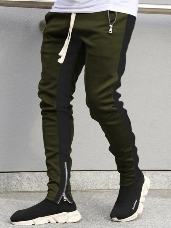 Men’s color-block casual double-pocket multi-zipper sportspants - Olive green / M