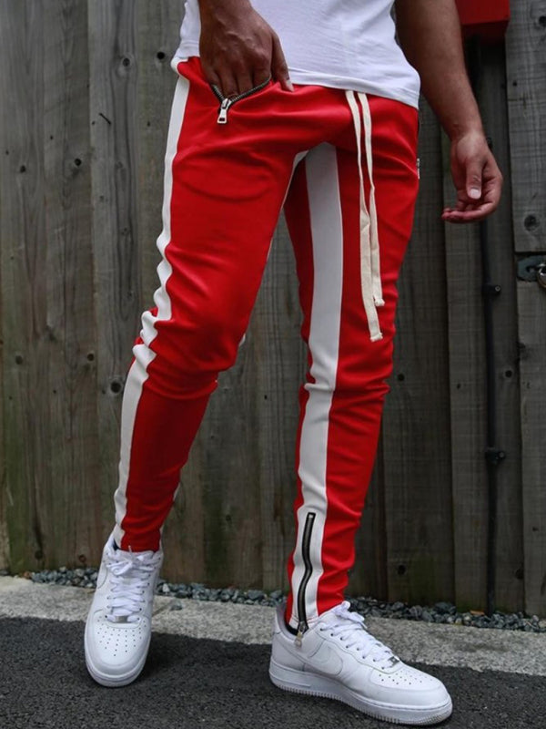 Men’s color-block casual double-pocket multi-zipper sportspants - Red / M