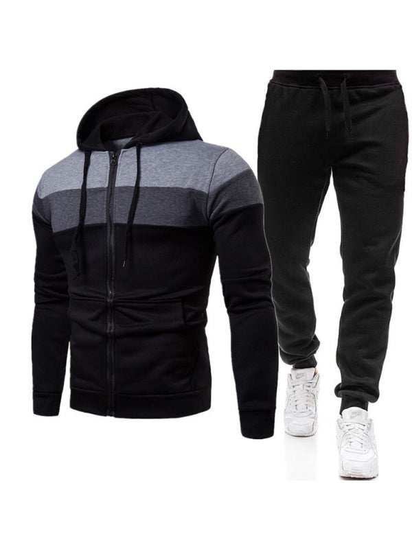 Men’s color block long sleeve hooded sweatshirt sets - Black / S