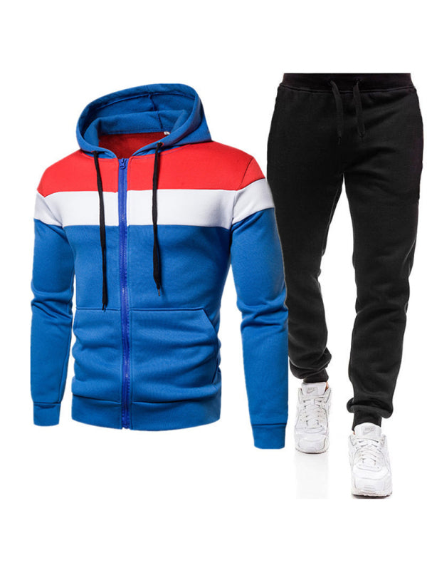Men’s color block long sleeve hooded sweatshirt sets - Blue / S