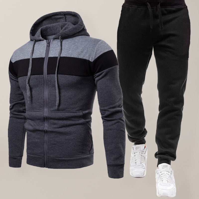 Men’s color block long sleeve hooded sweatshirt sets - Charcoal grey / S