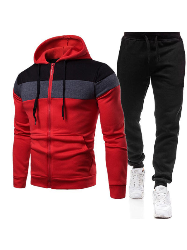 Men’s color block long sleeve hooded sweatshirt sets - Red / S
