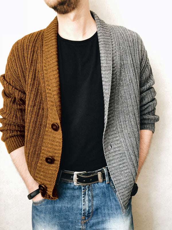 Men’s Color Block Single Breasted Casual Knit Cardigan - Brown / M