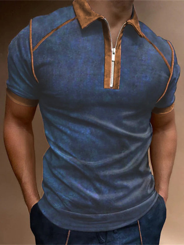 Men’s Color Block Zipper Lapel Short Sleeve Polo Shirt - Champlain color / S