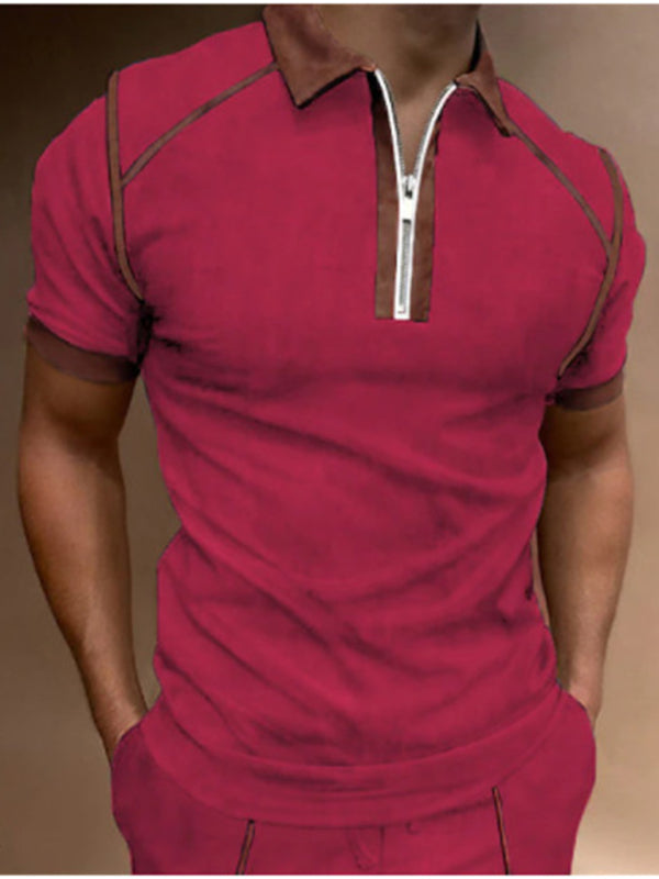 Men’s Color Block Zipper Lapel Short Sleeve Polo Shirt - Red / S