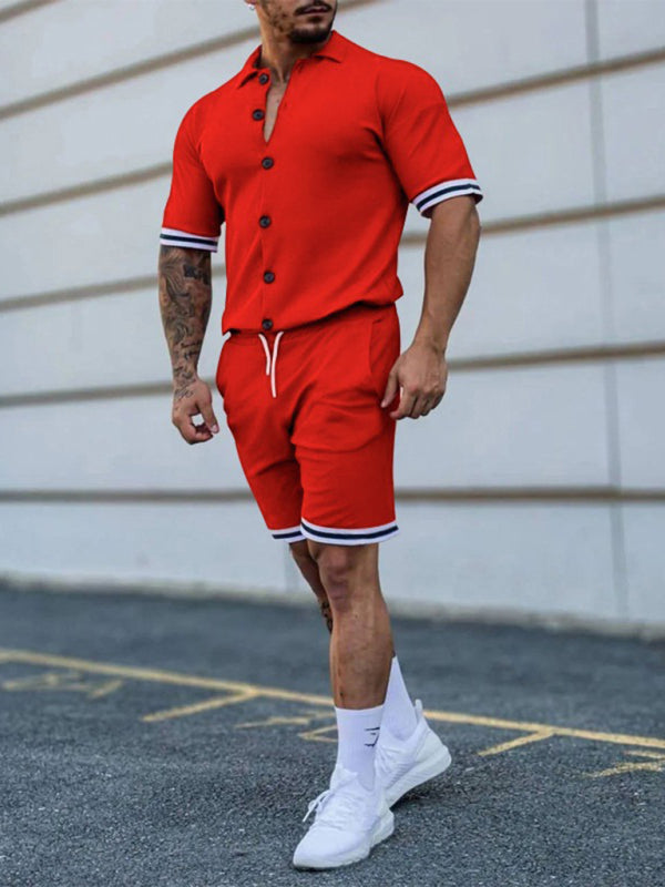 Men’s color contrast lapel short-sleeved shirt + shorts two-piece suit - Red / S