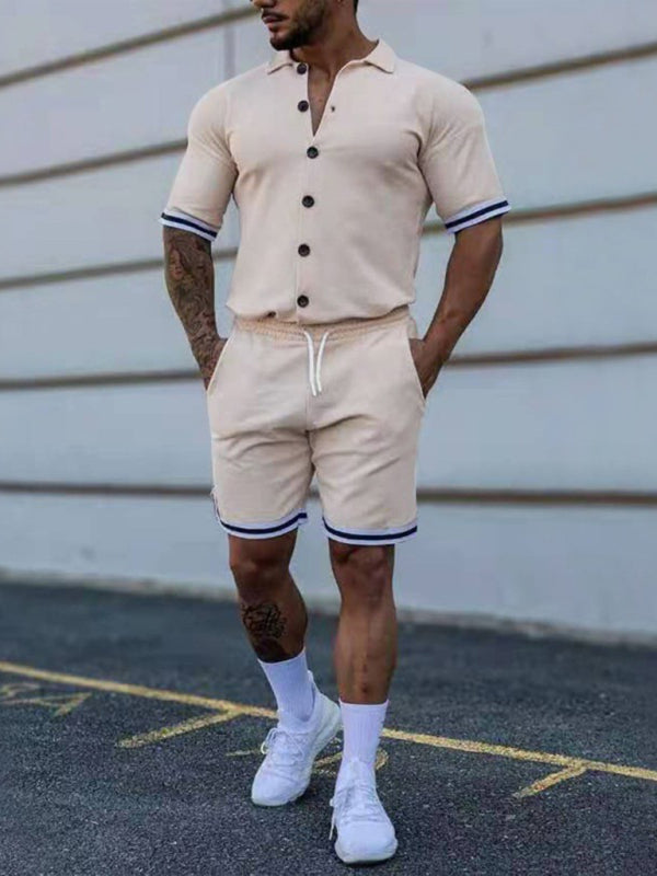 Men’s color contrast lapel short-sleeved shirt + shorts two-piece suit - Khaki / S