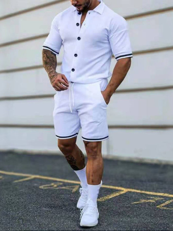Men’s color contrast lapel short-sleeved shirt + shorts two-piece suit - White / S