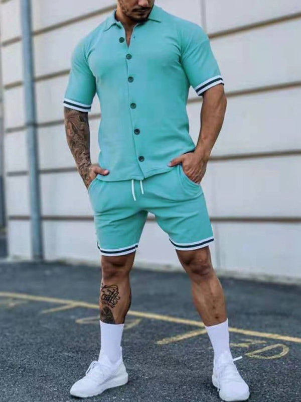 Men’s color contrast lapel short-sleeved shirt + shorts two-piece suit - Acid blue / S