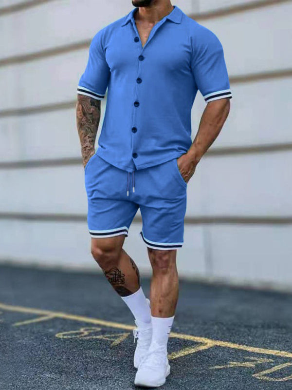 Men’s color contrast lapel short-sleeved shirt + shorts two-piece suit - Sky blue azure / S