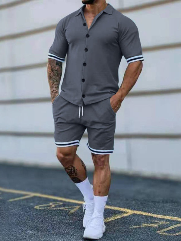 Men’s color contrast lapel short-sleeved shirt + shorts two-piece suit - Grey / S