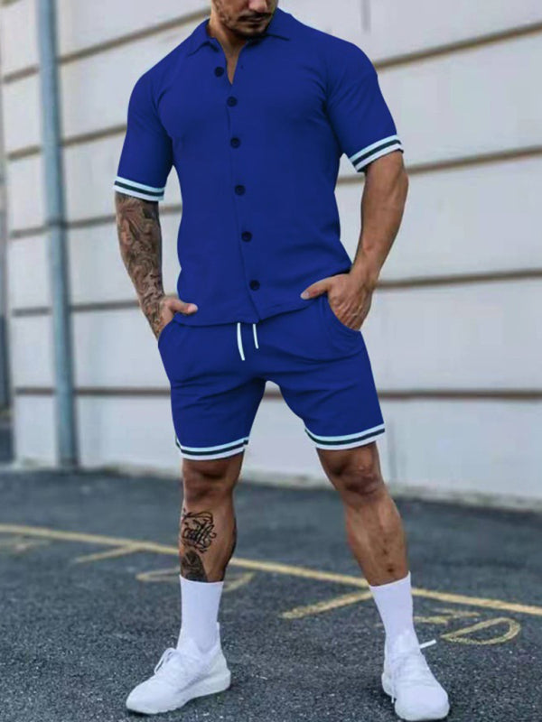 Men’s color contrast lapel short-sleeved shirt + shorts two-piece suit - Blue / S