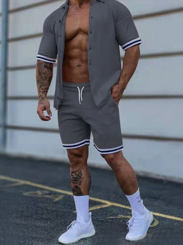 Men’s color contrast lapel short-sleeved shirt + shorts two-piece suit