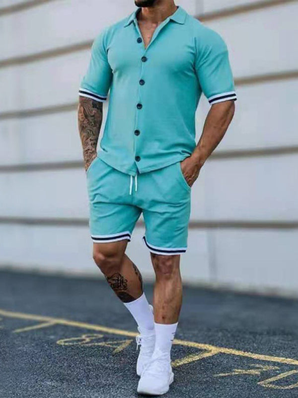 Men’s color contrast lapel short-sleeved shirt + shorts two-piece suit