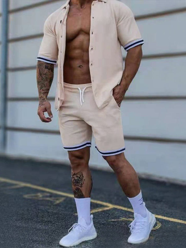 Men’s color contrast lapel short-sleeved shirt + shorts two-piece suit