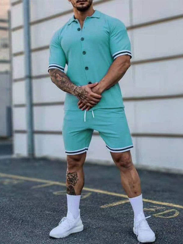 Men’s color contrast lapel short-sleeved shirt + shorts two-piece suit