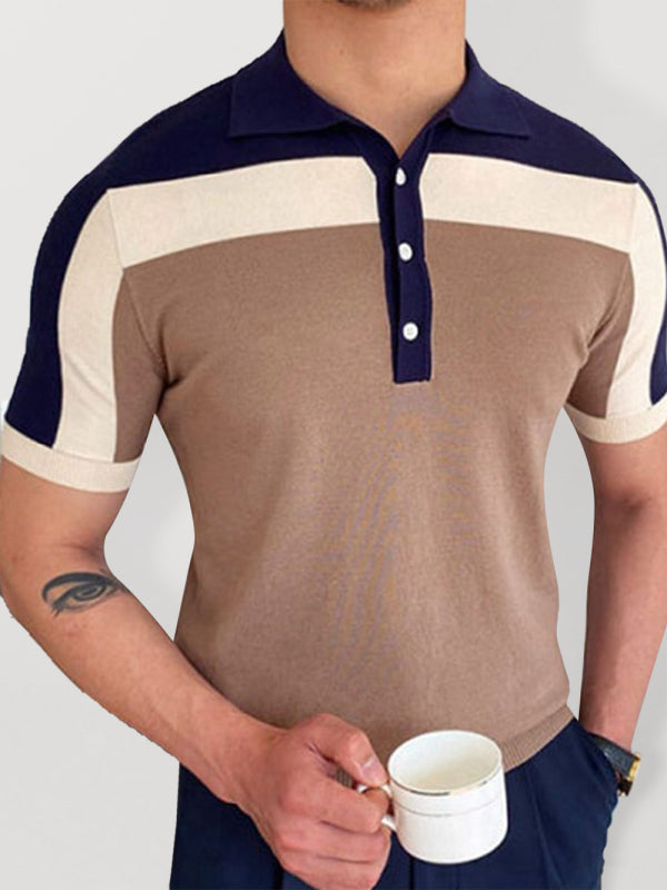 Men’s color Contrast Panel Short Sleeve Polo Shirt - Khaki / M