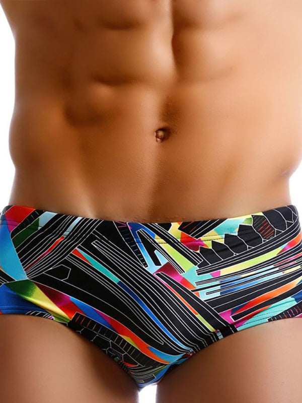 Men’s Colorful Lines Geometric Irregular Print Boxer Swim Shorts - Black / M