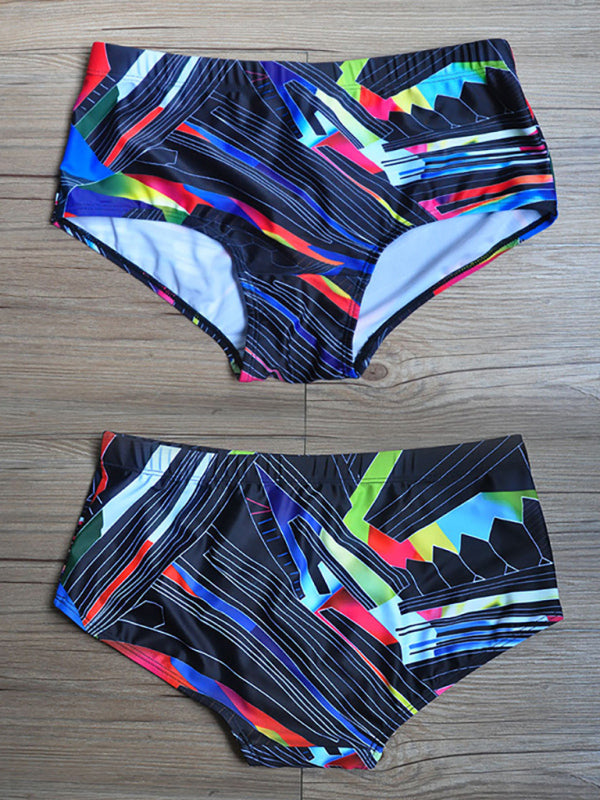 Men’s Colorful Lines Geometric Irregular Print Boxer Swim Shorts