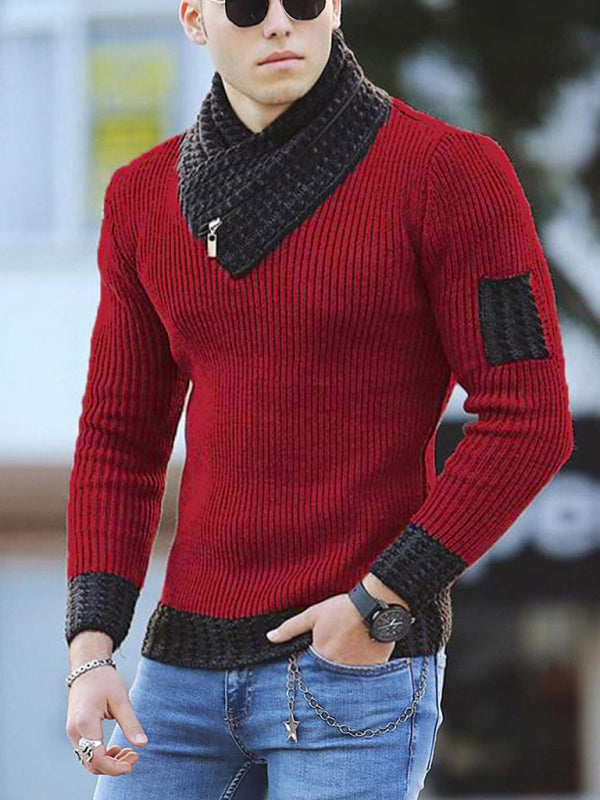 Men’s Contrasting Color Stitching Scarf Business Casual Sweater