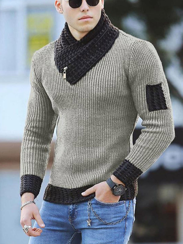 Men’s Contrasting Color Stitching Scarf Business Casual Sweater - Khaki / S