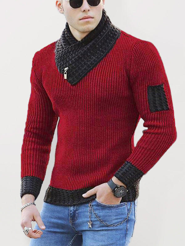 Men’s Contrasting Color Stitching Scarf Business Casual Sweater - Red / S
