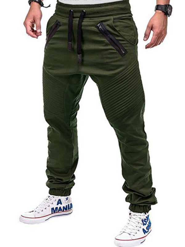 Men’s Contrasting color zipped loose-fitting casual pants - Green / M