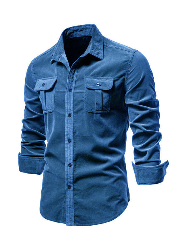 Men’s corduroy slim-fit casual long-sleeve shirt - Blue / M