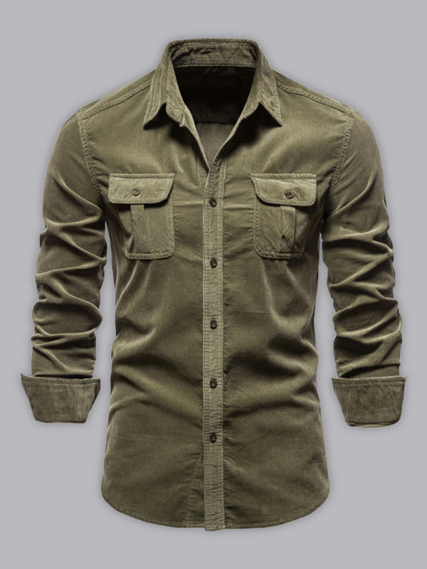 Men’s corduroy slim-fit casual long-sleeve shirt - Green / M
